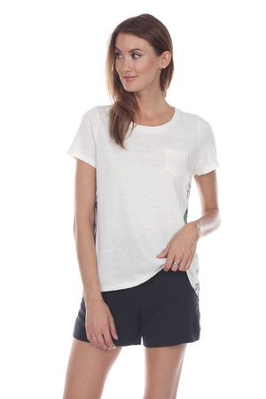 Floral Print Back Pleated Linen T-Shirt