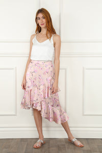 Pink Floral Print Ruffle Skirt