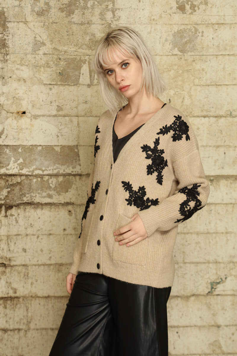 Taupe & Black Lace Patch Cardigan