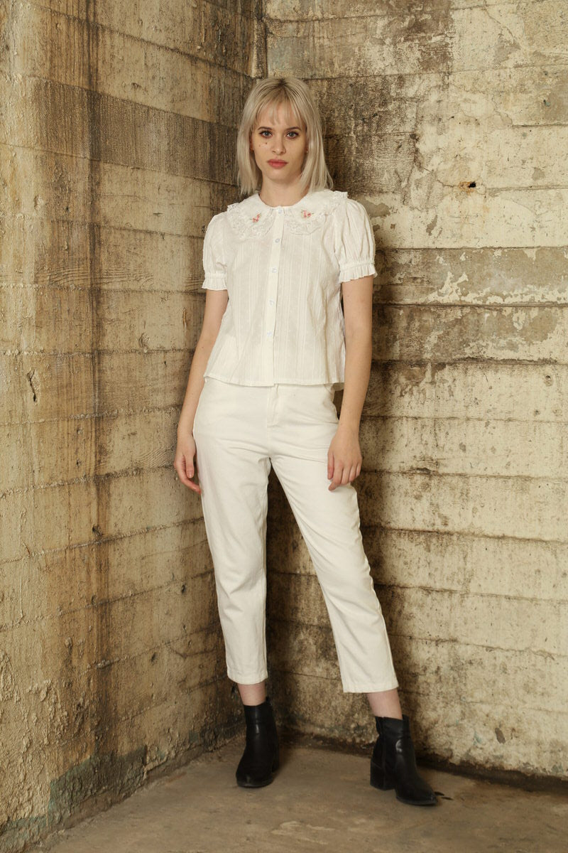 White Embroidered Collar Shirt