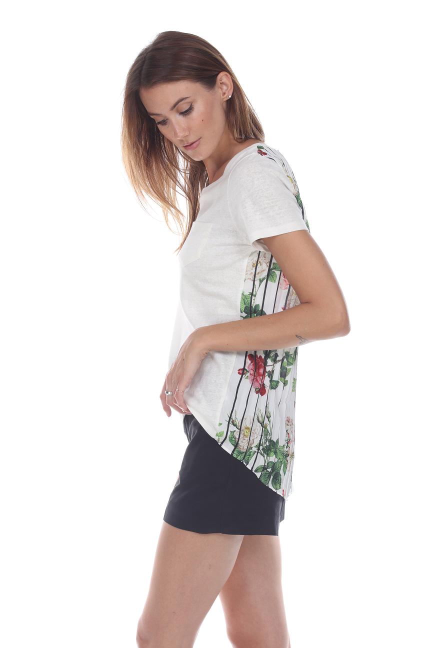 Floral Print Back Pleated Linen T-Shirt