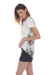 Floral Print Back Pleated Linen T-Shirt